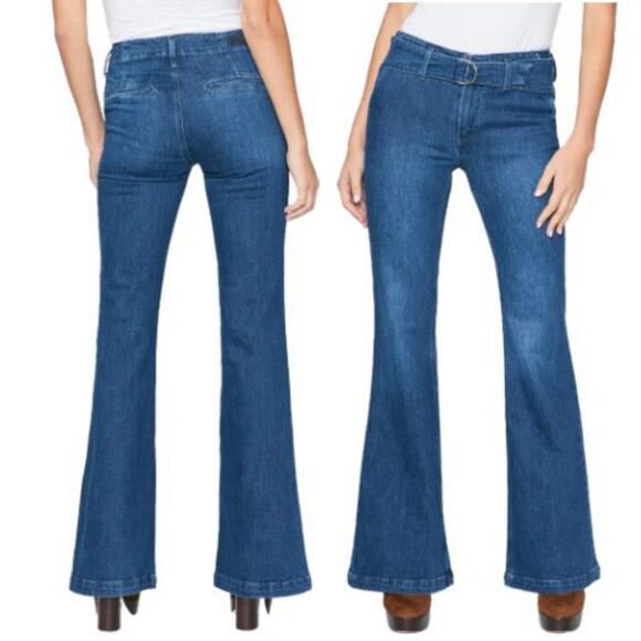 PAIGE Genevieve Jeans Women 27 High Rise Flare Belted Medium Indigo Cecilia - Picture 1 of 16